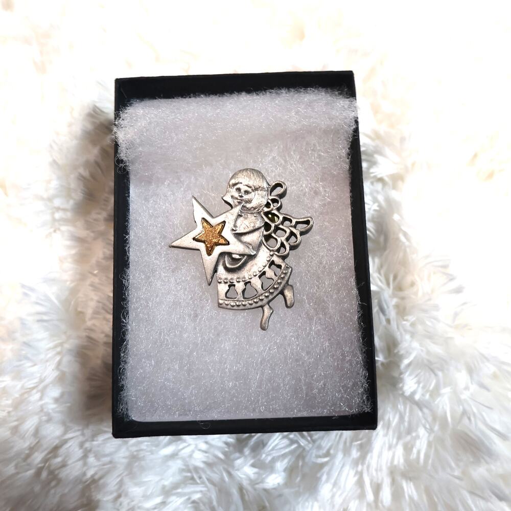 Vintage Silver & Gold Tone Guardian Angel Christmas Star Lapel Pin - Picture 5 of 10